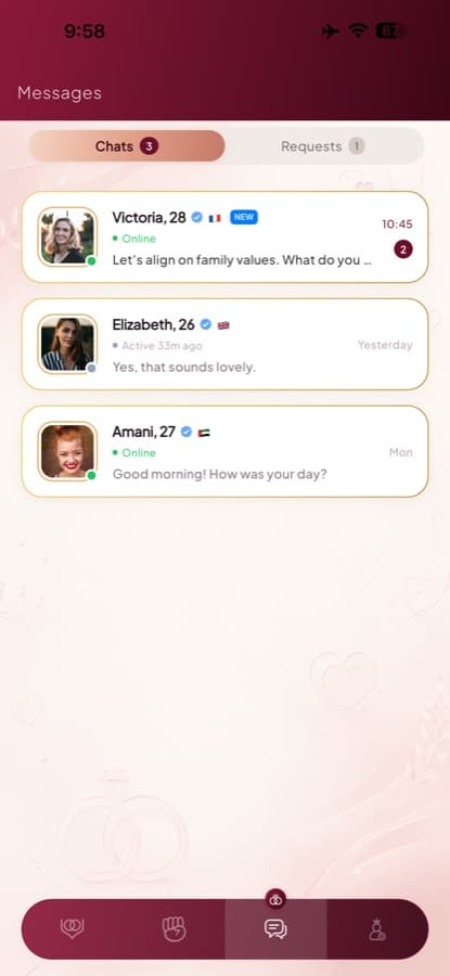 Loverage Messages app screen